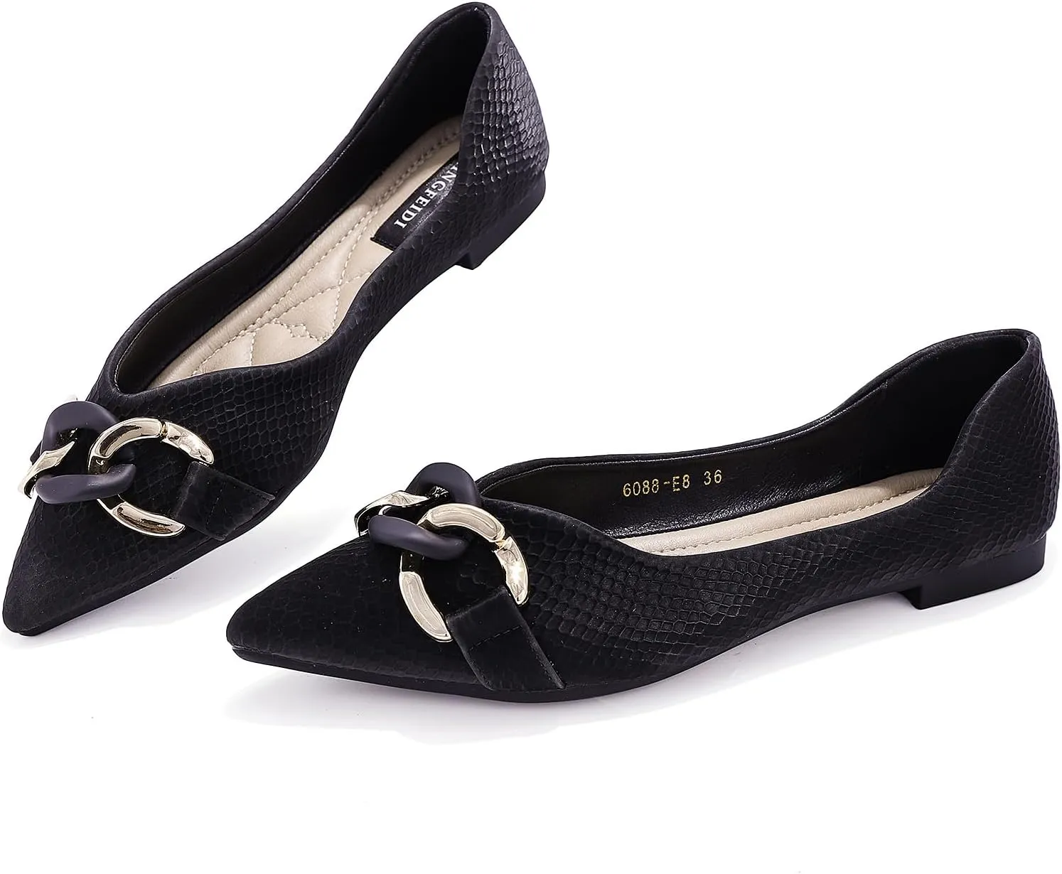 TLJIANG Women's Pointed Flat Shoes Cute Chain Comfortable Leather Flat Shoes Ballet