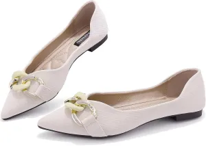 TLJIANG Women's Pointed Flat Shoes Cute Chain Comfortable Leather Flat Shoes Ballet