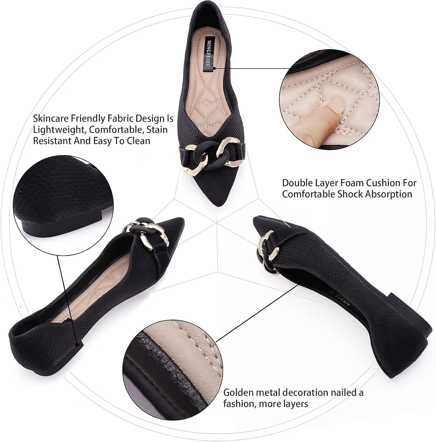 TLJIANG Women's Pointed Flat Shoes Cute Chain Comfortable Leather Flat Shoes Ballet