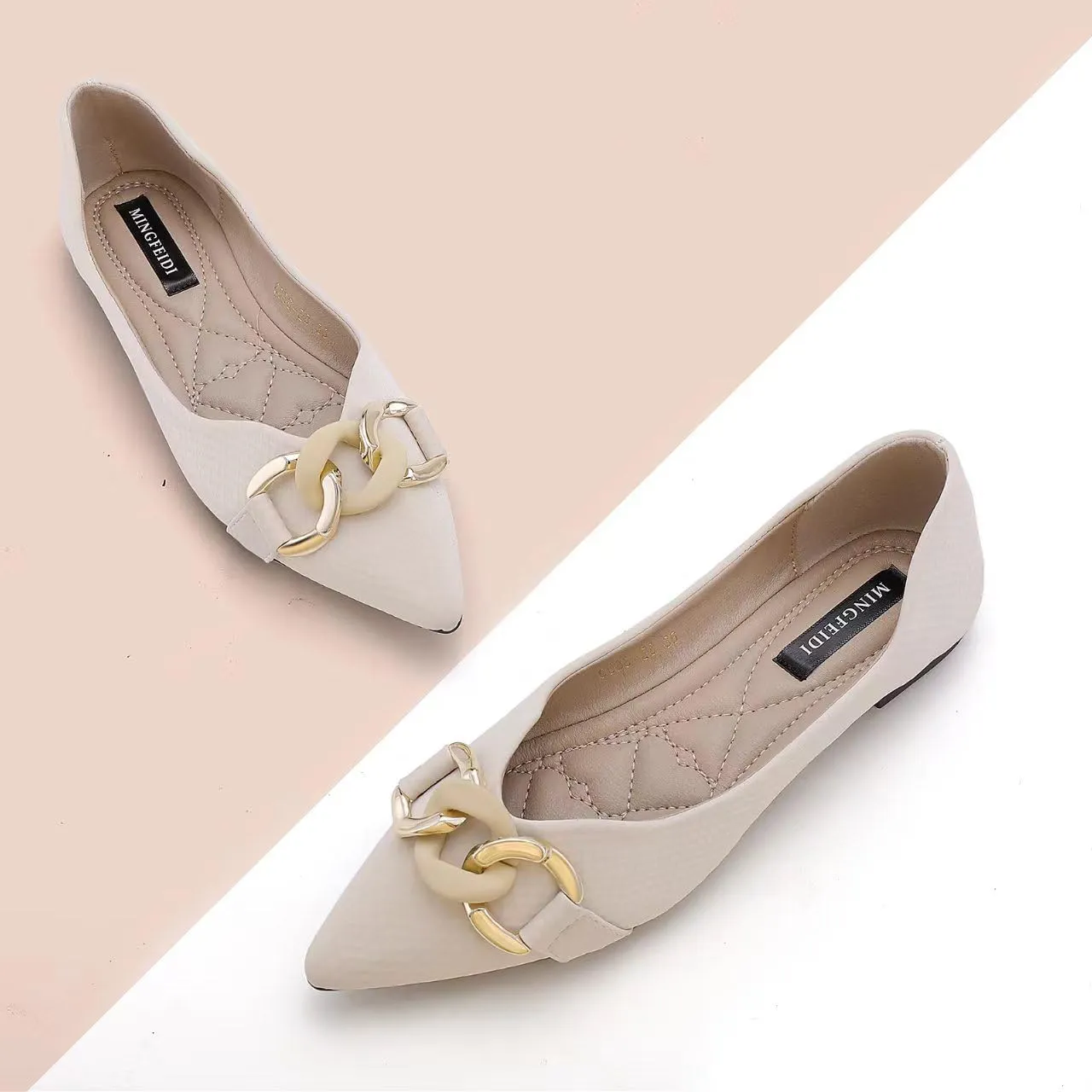 TLJIANG Women's Pointed Flat Shoes Cute Chain Comfortable Leather Flat Shoes Ballet
