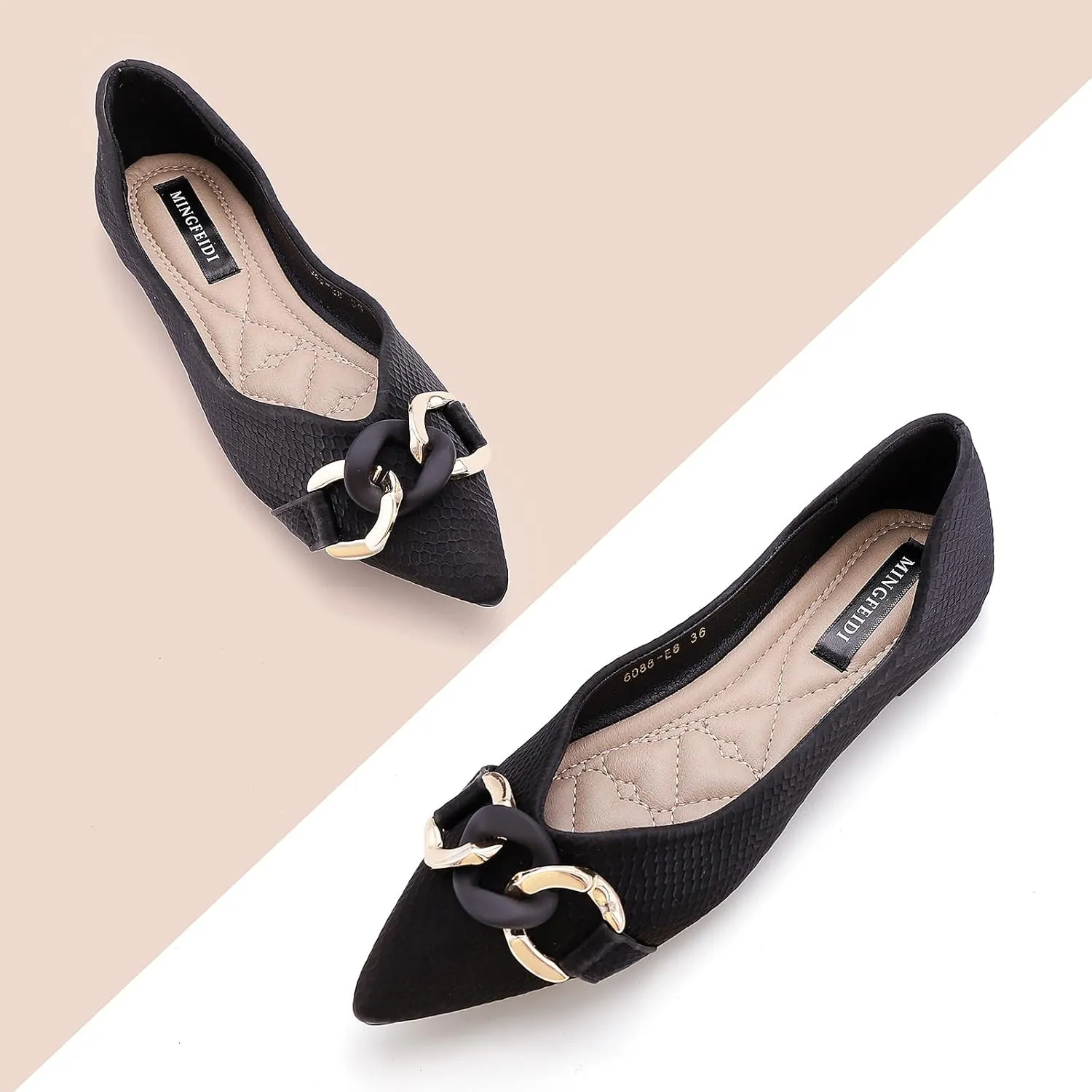 TLJIANG Women's Pointed Flat Shoes Cute Chain Comfortable Leather Flat Shoes Ballet