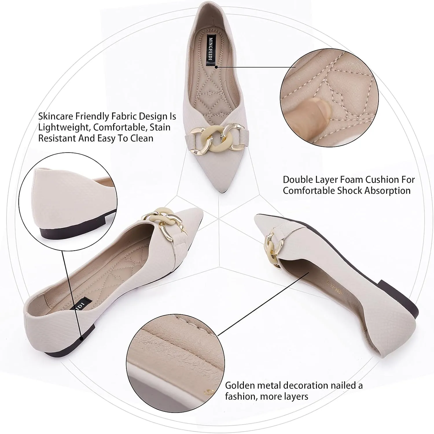 TLJIANG Women's Pointed Flat Shoes Cute Chain Comfortable Leather Flat Shoes Ballet