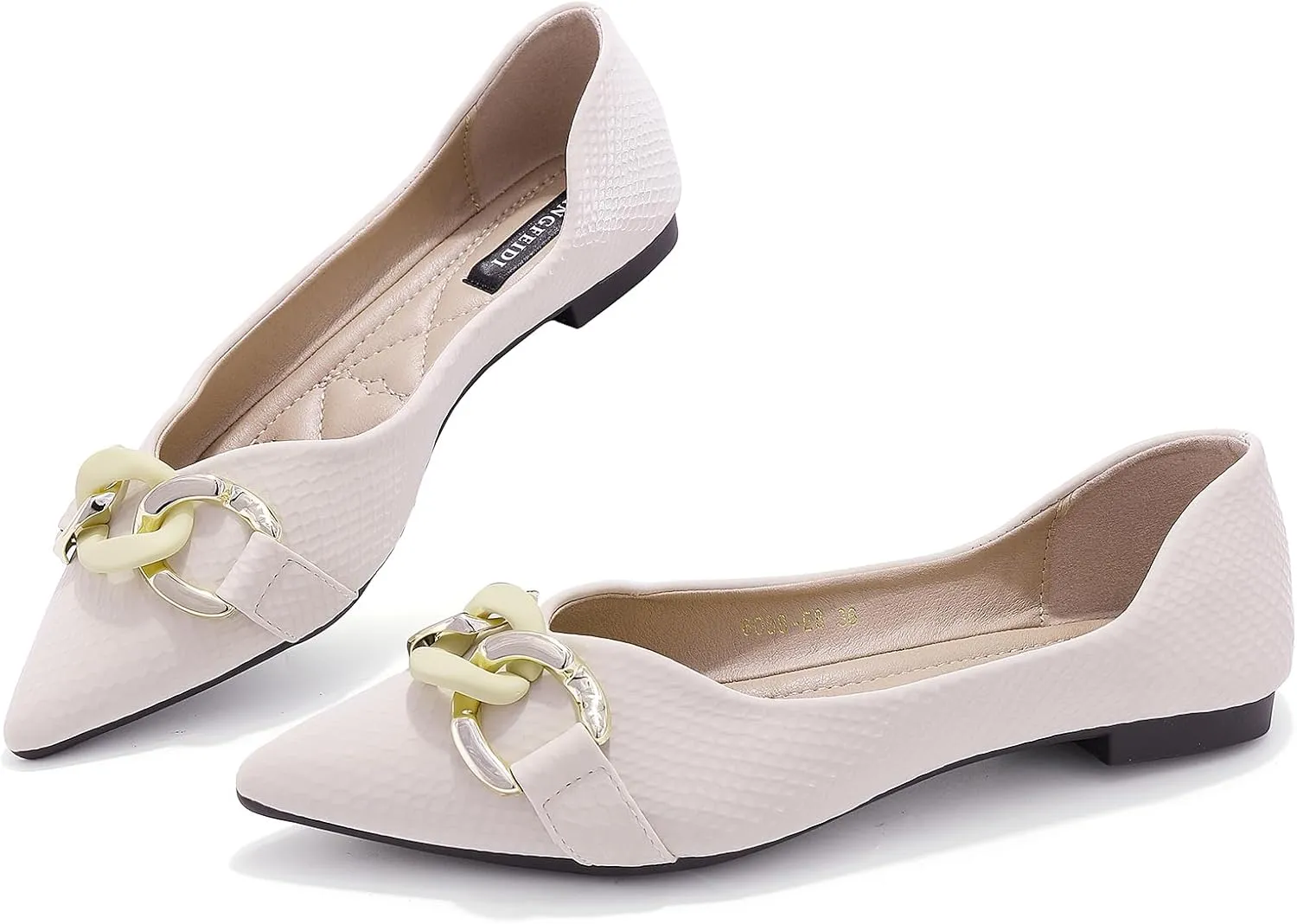 TLJIANG Women's Pointed Flat Shoes Cute Chain Comfortable Leather Flat Shoes Ballet