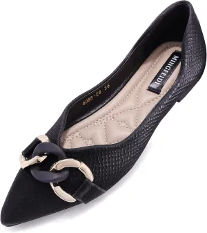 TLJIANG Women's Pointed Flat Shoes Cute Chain Comfortable Leather Flat Shoes Ballet