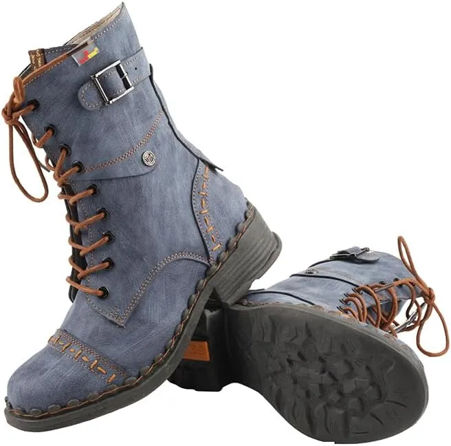 TMA EYES Women's Clasical Lace-Up Zipper Breathable Lining Flat with Hand-stitched Mid-calf Boots