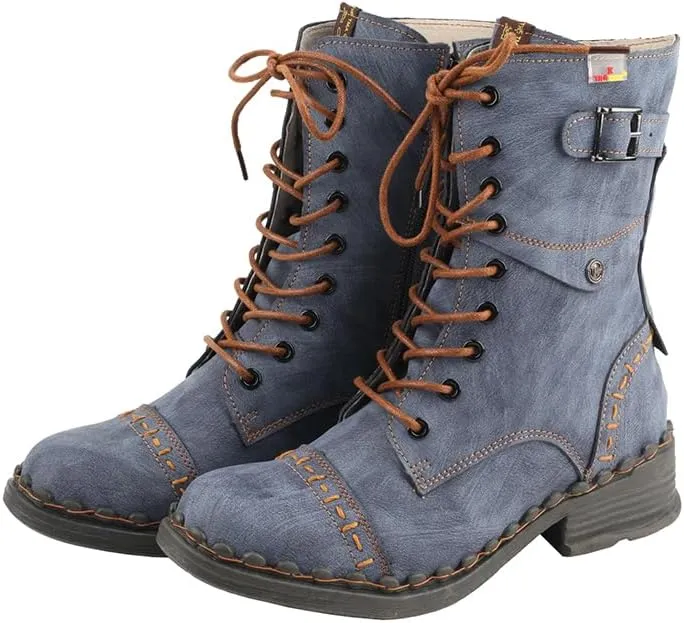 TMA EYES Women's Clasical Lace-Up Zipper Breathable Lining Flat with Hand-stitched Mid-calf Boots
