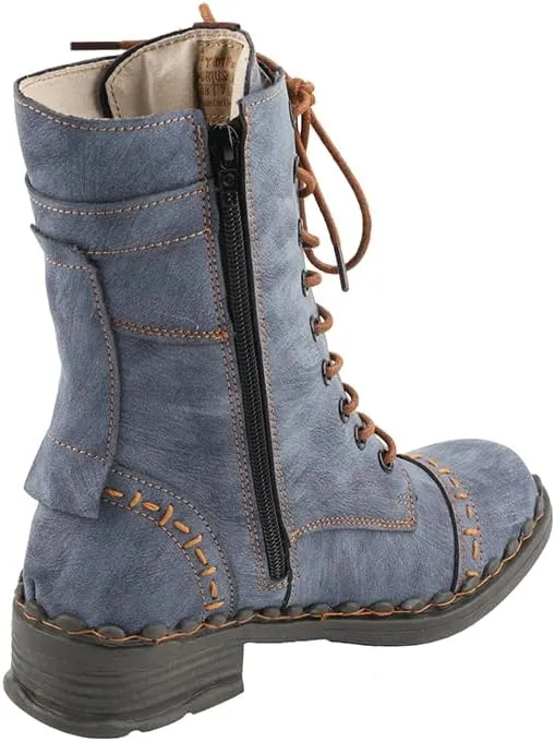 TMA EYES Women's Clasical Lace-Up Zipper Breathable Lining Flat with Hand-stitched Mid-calf Boots