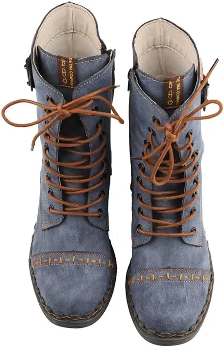 TMA EYES Women's Clasical Lace-Up Zipper Breathable Lining Flat with Hand-stitched Mid-calf Boots