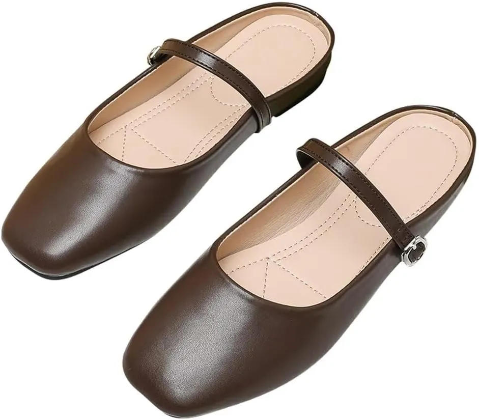 TN TANGNEST Women's Mary Jane Shoes Mules for Women Flats Retro One Line Strap Flats Cute Square Toe Backless Flat Mules
