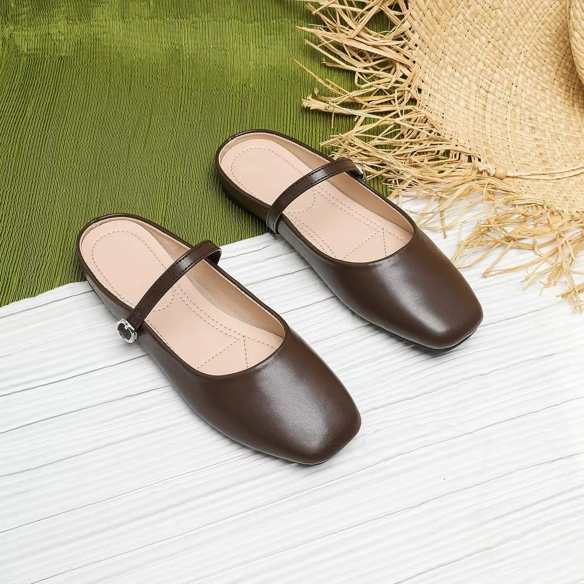 TN TANGNEST Women's Mary Jane Shoes Mules for Women Flats Retro One Line Strap Flats Cute Square Toe Backless Flat Mules