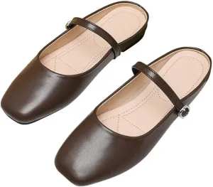 TN TANGNEST Women's Mary Jane Shoes Mules for Women Flats Retro One Line Strap Flats Cute Square Toe Backless Flat Mules