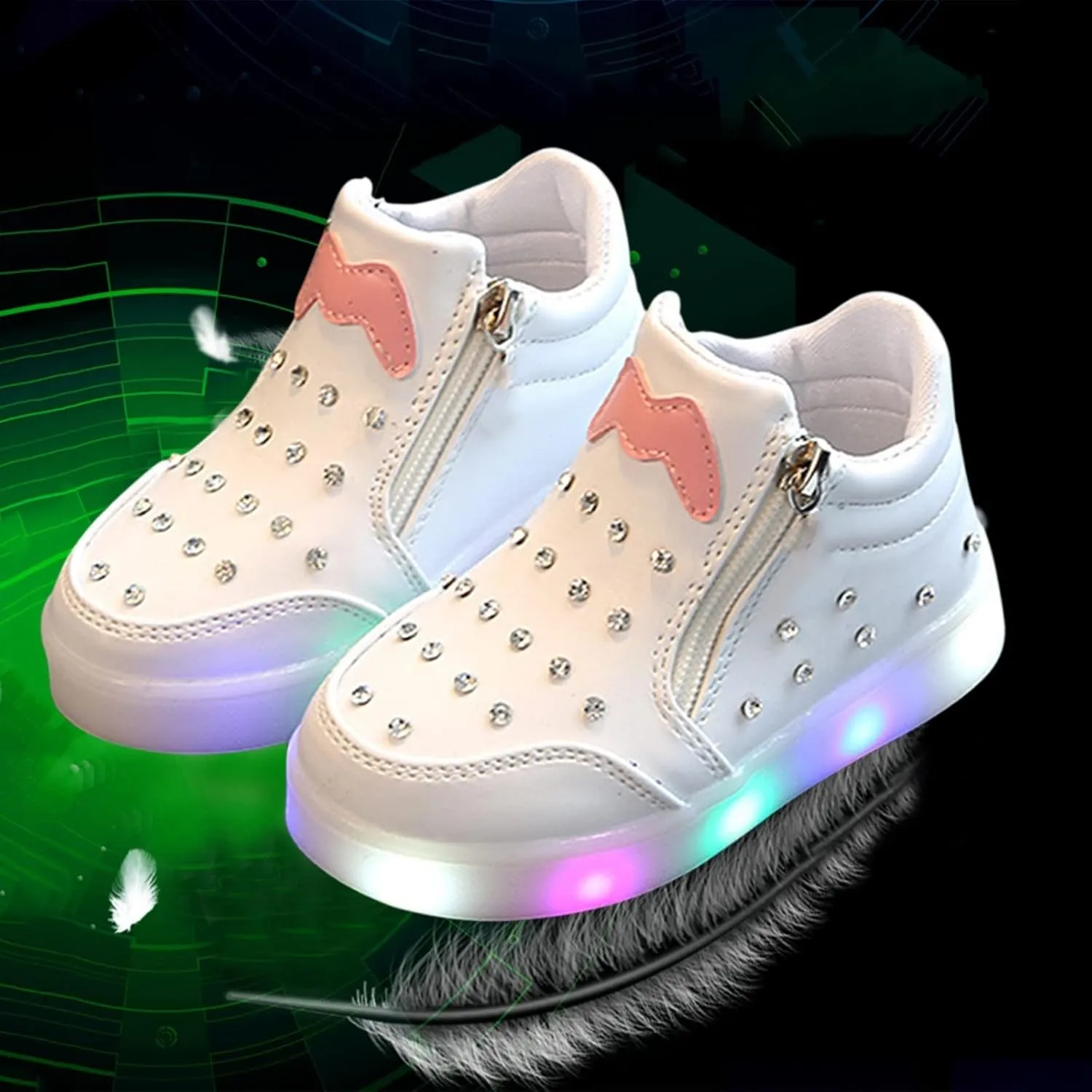 Toddler Glitter Sneaker Side Zipper Light Up Sport Shoes Baby Boys Girls Open Toe Soft Sole Light Loafers Non Slip