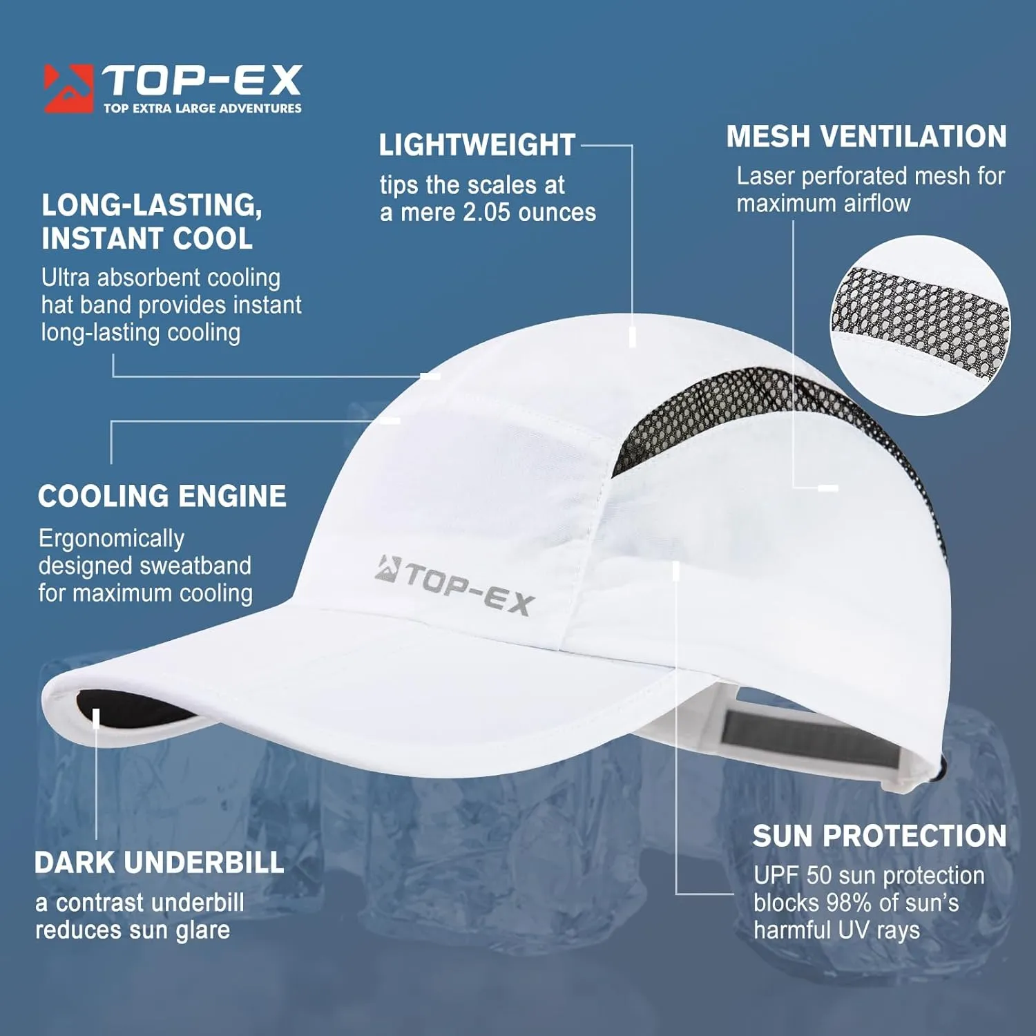 TOP-EX Oversized XL XXL Foldable Reflective Unstructured Design Running Breathable Cooling Quick Dry Baseball Caps