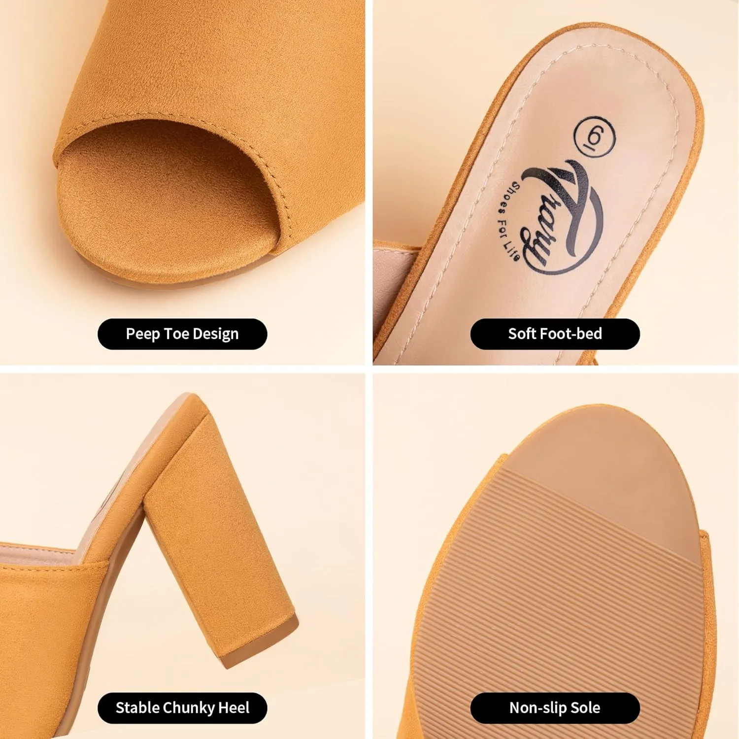 Trary Heels Sandals for Women, Women's Chunky Block High Heels Open Toe Heels Sandals Slip on Mules Comfortable Casual Dressy Black White Pink Brown Pumps