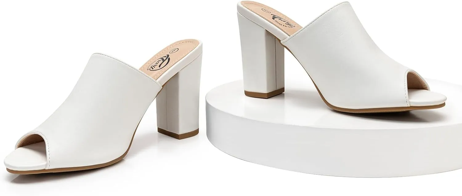 Trary Heels Sandals for Women, Women's Chunky Block High Heels Open Toe Heels Sandals Slip on Mules Comfortable Casual Dressy Black White Pink Brown Pumps