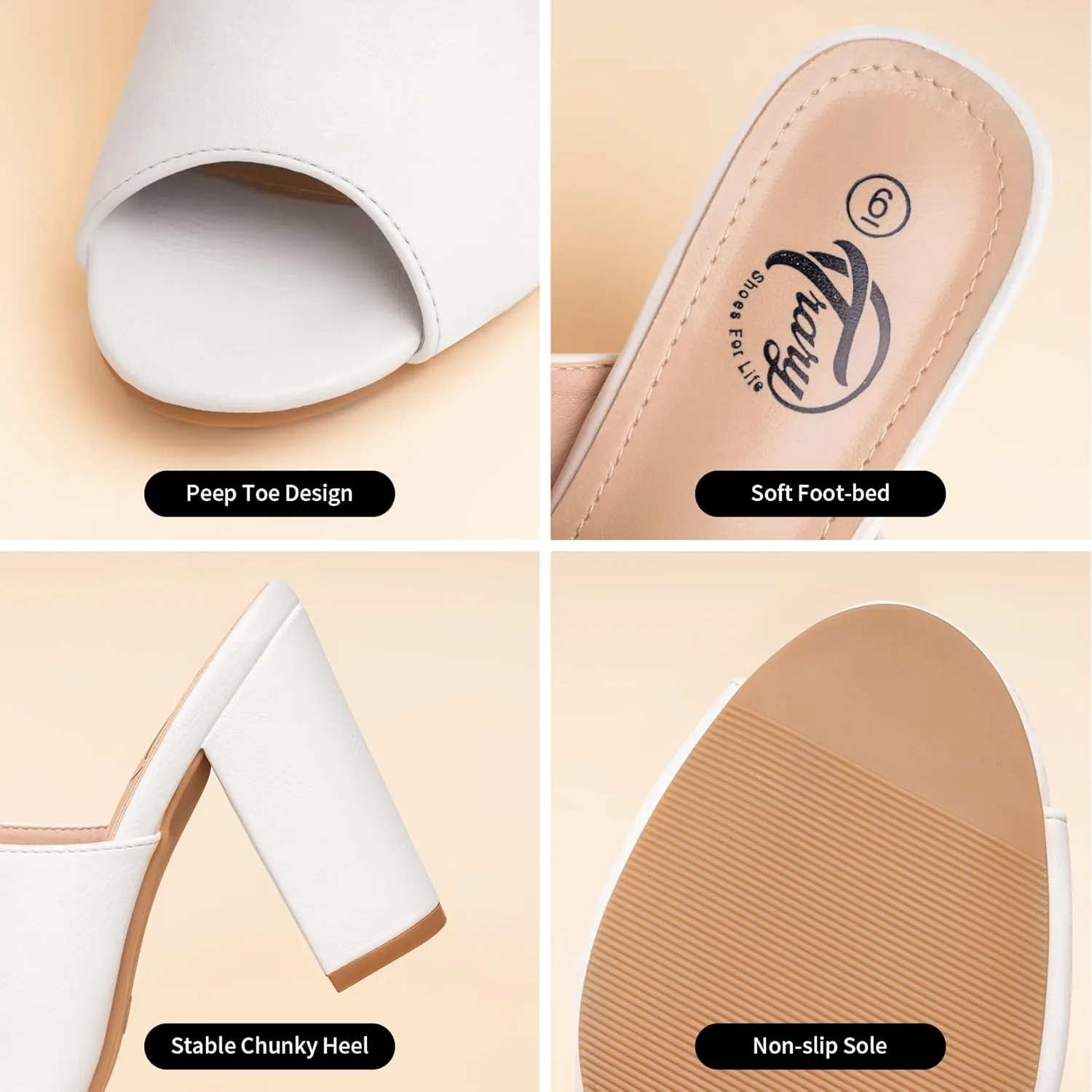 Trary Heels Sandals for Women, Women's Chunky Block High Heels Open Toe Heels Sandals Slip on Mules Comfortable Casual Dressy Black White Pink Brown Pumps