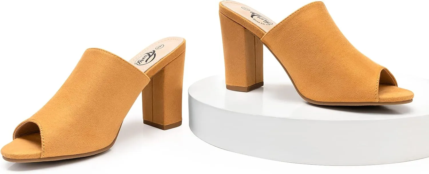 Trary Heels Sandals for Women, Women's Chunky Block High Heels Open Toe Heels Sandals Slip on Mules Comfortable Casual Dressy Black White Pink Brown Pumps