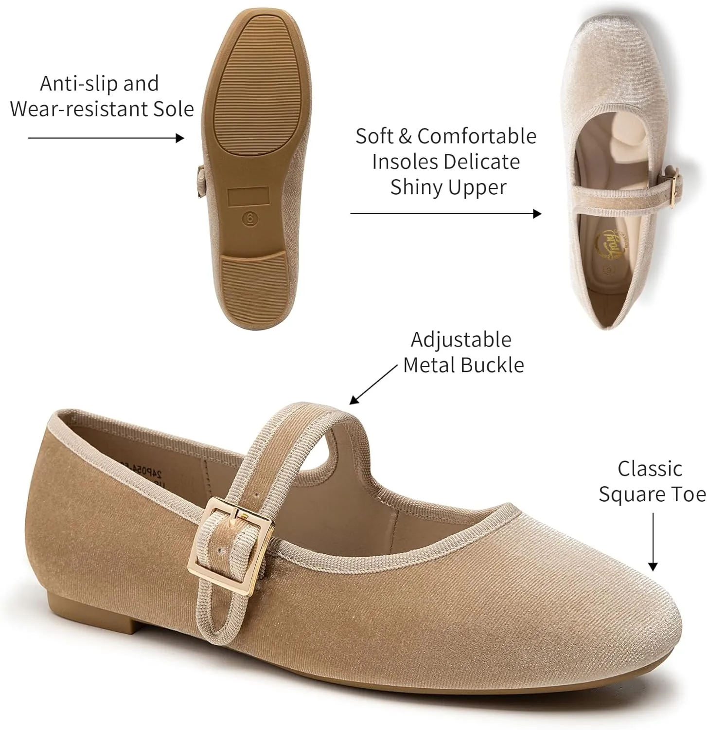 Trary Women's Ballet Flats,Square Toe Velvet Mary Jane Shoes Women,Comfortable Dress Shoes for Women Dressy
