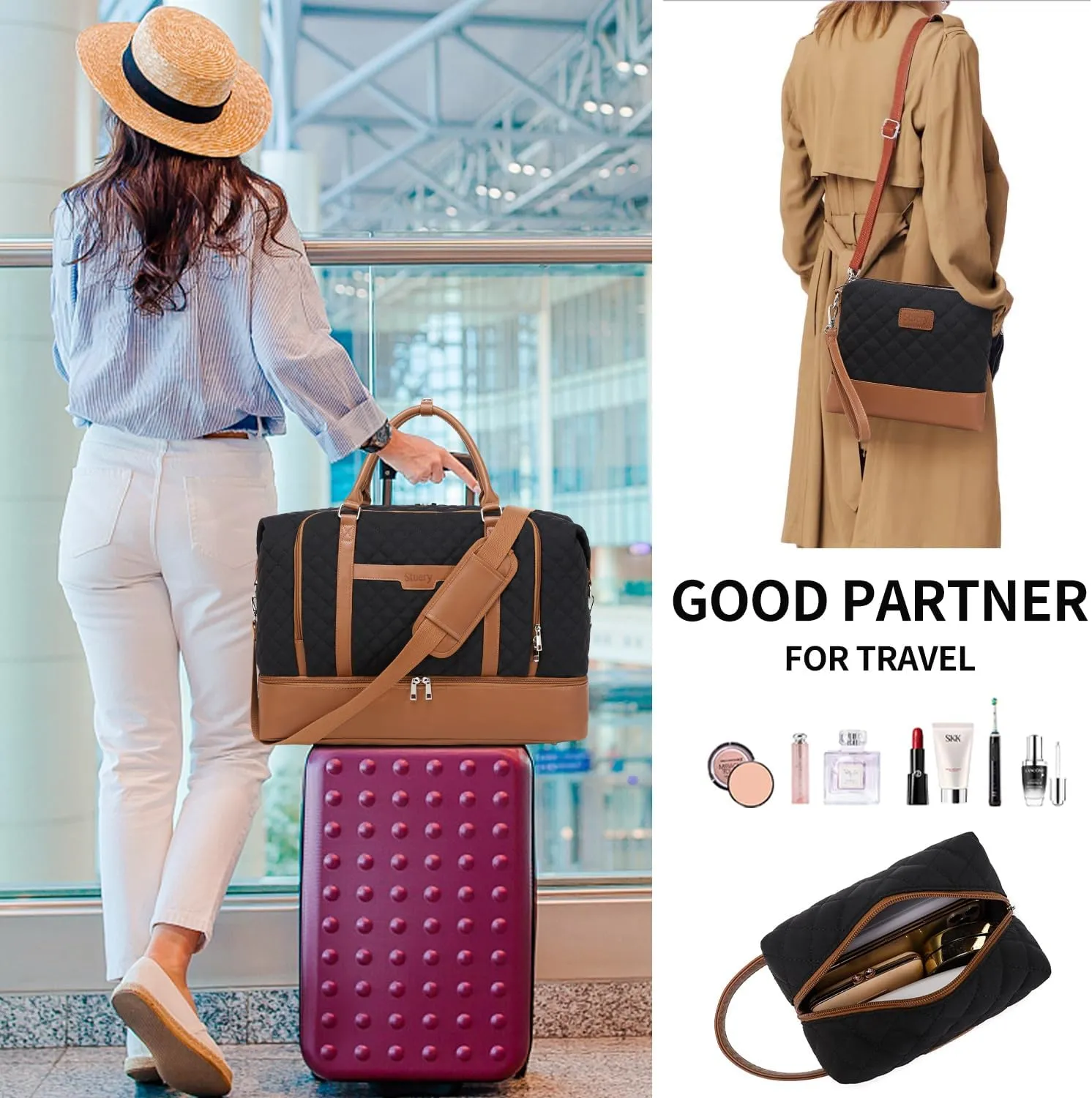 Travel Bag for Women: 21" Large Weekender Bags for Women with Shoe Compartment & Toiletry Bags, 3PCS Overnight Duffel Tote for Carry on Weekend Travel Business Trip Airplane Traveling, Gym