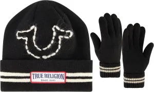 True Religion Beanie Hat and Gloves Set, Cuffed Winter Knit Cap with Stitched Yarn Horseshoe Logo and Fleece Lined Mittens