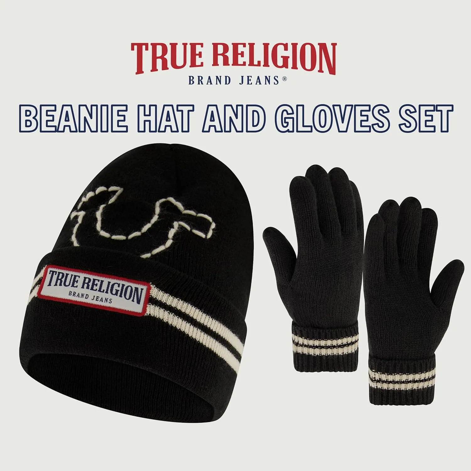 True Religion Beanie Hat and Gloves Set, Cuffed Winter Knit Cap with Stitched Yarn Horseshoe Logo and Fleece Lined Mittens