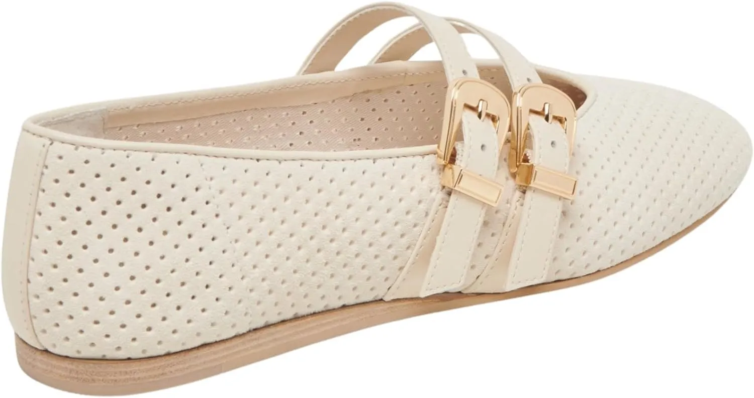 UBWDU Suede Mary Jane Flats for Women Perforated Round Toe Ballet Flats Comfortable Ballerina Shoes with Double Buckle Strap
