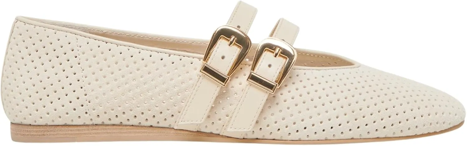 UBWDU Suede Mary Jane Flats for Women Perforated Round Toe Ballet Flats Comfortable Ballerina Shoes with Double Buckle Strap