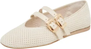 UBWDU Suede Mary Jane Flats for Women Perforated Round Toe Ballet Flats Comfortable Ballerina Shoes with Double Buckle Strap