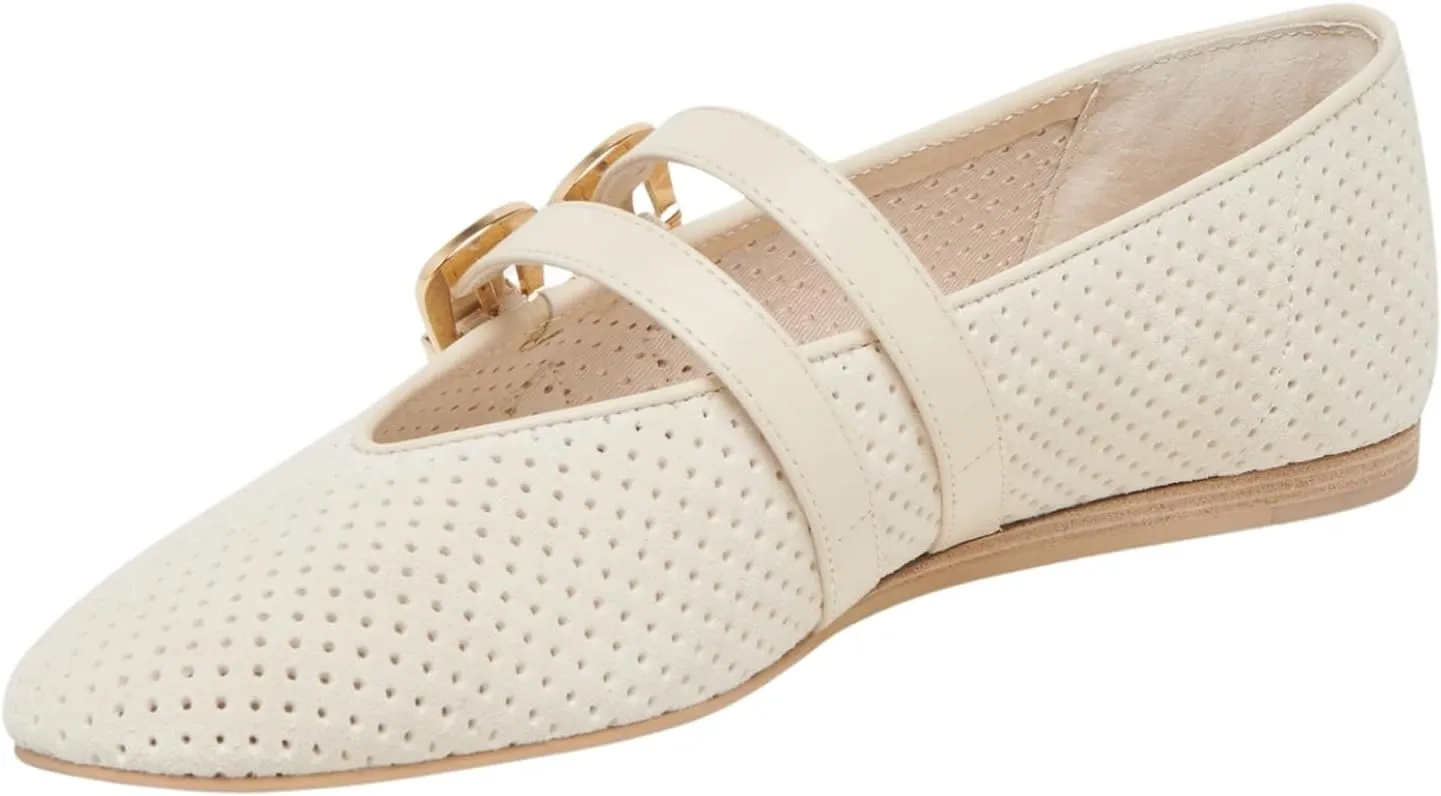 UBWDU Suede Mary Jane Flats for Women Perforated Round Toe Ballet Flats Comfortable Ballerina Shoes with Double Buckle Strap