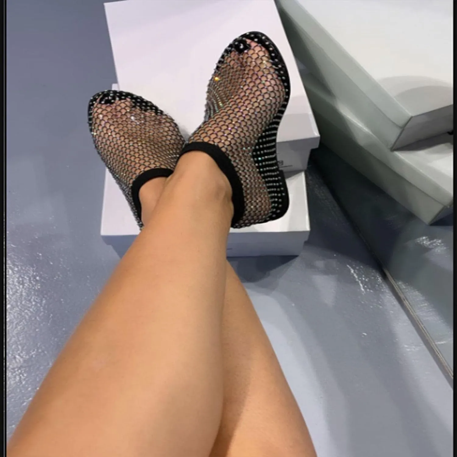 Ultra Comfortable Shiny Gem Mesh Flats Shiny Stylish Flats Sparkle Shoes Comfortable Low Heel Slip On Sandals