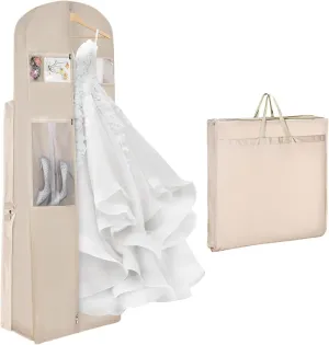 Univivi Portable Wedding Dress Garment Bag, 72 Inch Trifold Bridal Dress Bags for Gowns Long with 12'' Gusseted and Accessory Pockets, Dress Cover for Wedding Dress, Evening Gowns (Beige)