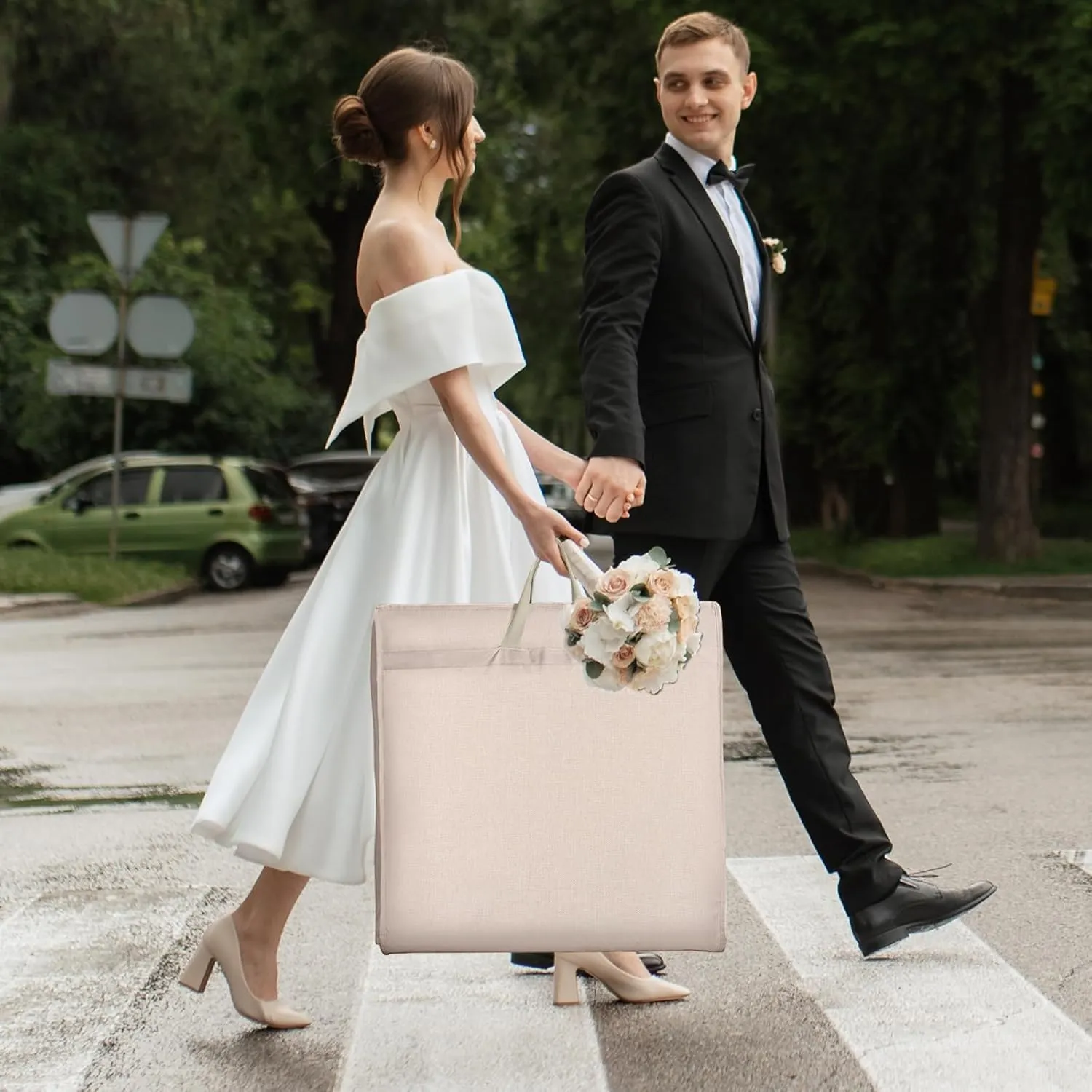 Univivi Portable Wedding Dress Garment Bag, 72 Inch Trifold Bridal Dress Bags for Gowns Long with 12'' Gusseted and Accessory Pockets, Dress Cover for Wedding Dress, Evening Gowns (Beige)