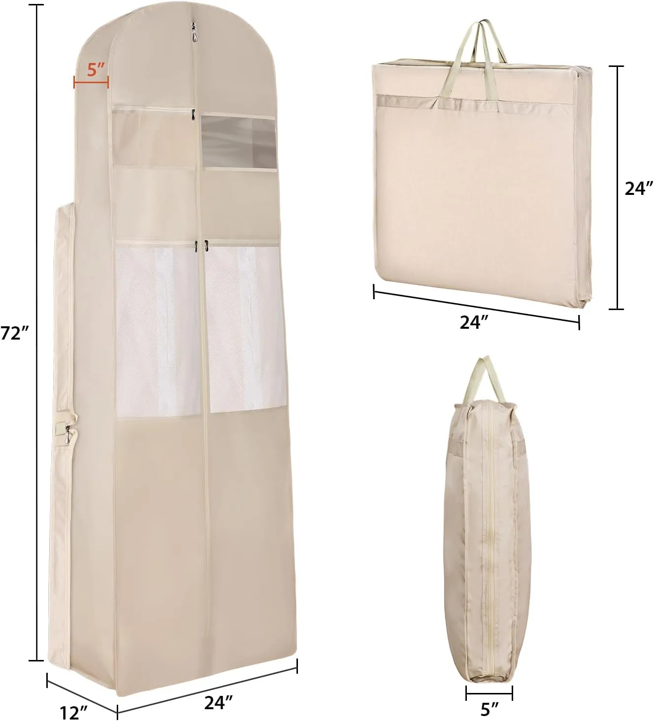 Univivi Portable Wedding Dress Garment Bag, 72 Inch Trifold Bridal Dress Bags for Gowns Long with 12'' Gusseted and Accessory Pockets, Dress Cover for Wedding Dress, Evening Gowns (Beige)