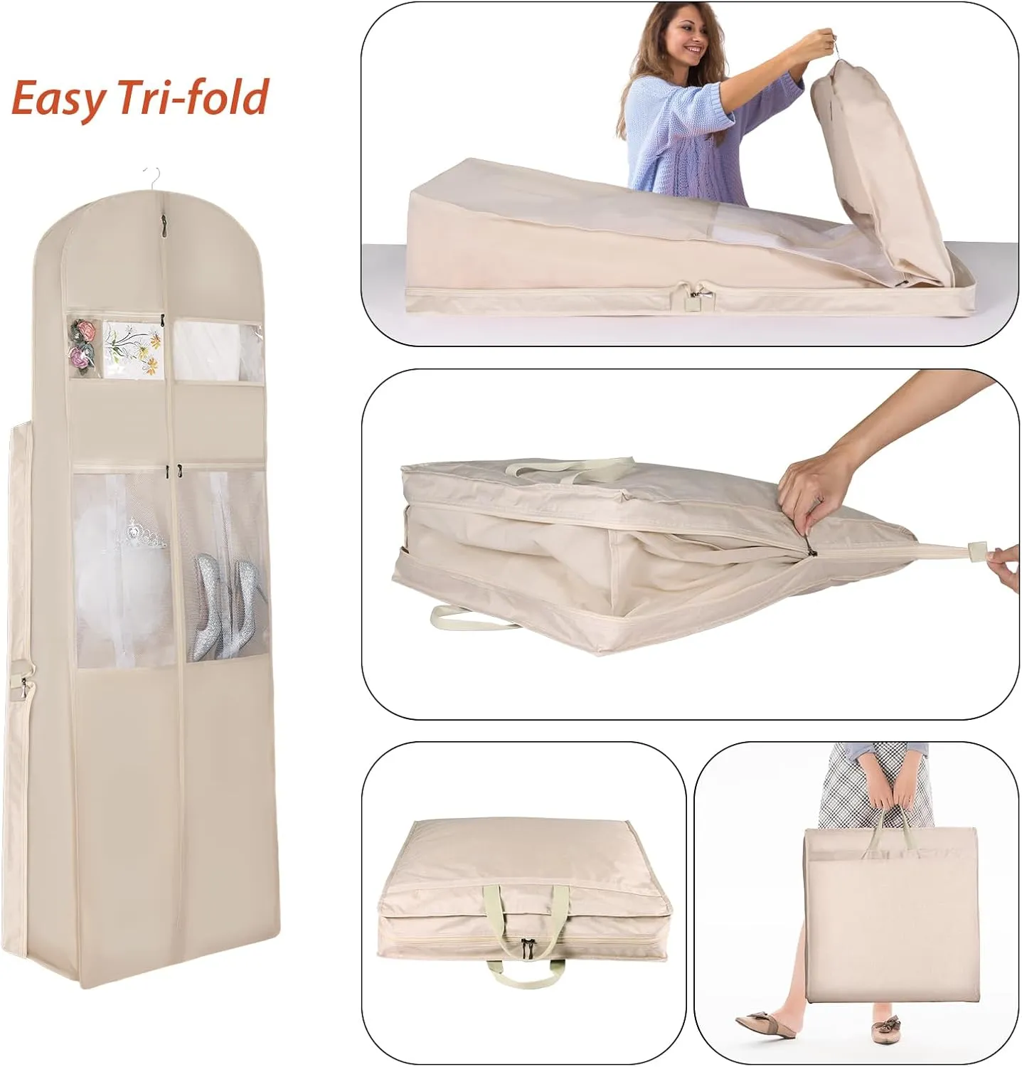 Univivi Portable Wedding Dress Garment Bag, 72 Inch Trifold Bridal Dress Bags for Gowns Long with 12'' Gusseted and Accessory Pockets, Dress Cover for Wedding Dress, Evening Gowns (Beige)