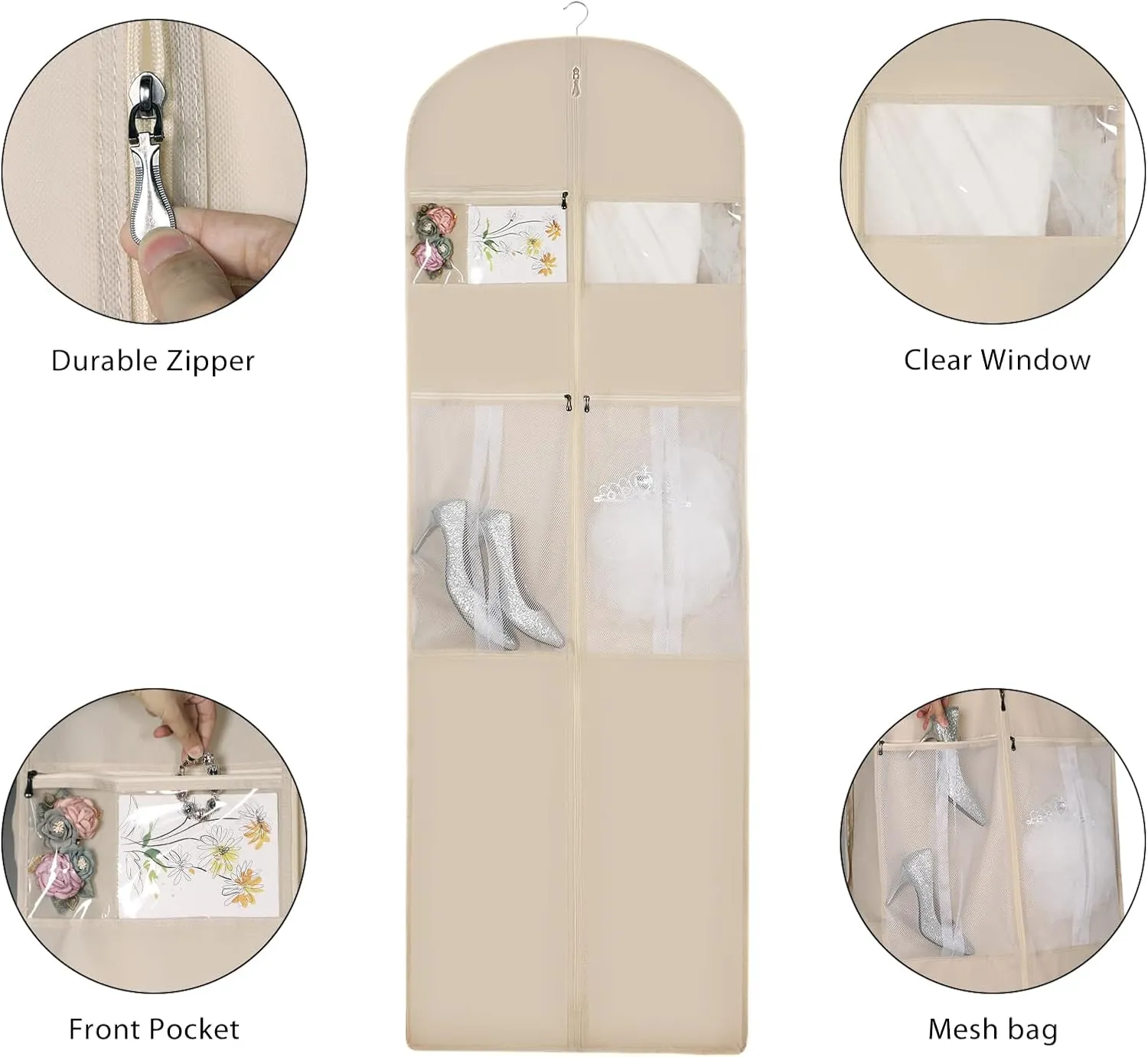 Univivi Portable Wedding Dress Garment Bag, 72 Inch Trifold Bridal Dress Bags for Gowns Long with 12'' Gusseted and Accessory Pockets, Dress Cover for Wedding Dress, Evening Gowns (Beige)
