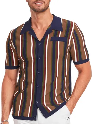 V VALANCH Men's Long/Short Sleeve Knitted Shirts Button Down Vintage Vercital Stripe Camp Collar Polo Shirt