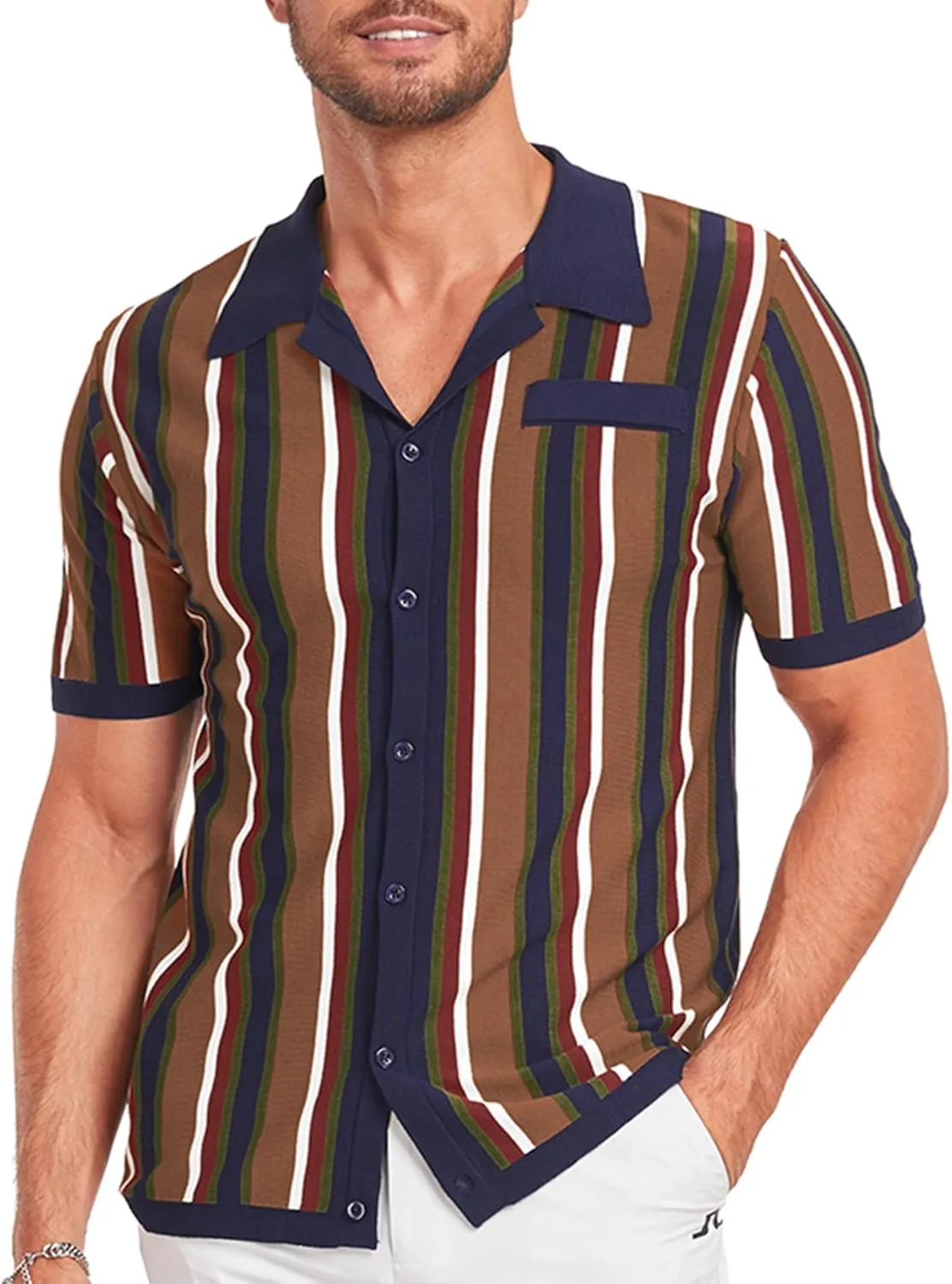V VALANCH Men's Long/Short Sleeve Knitted Shirts Button Down Vintage Vercital Stripe Camp Collar Polo Shirt