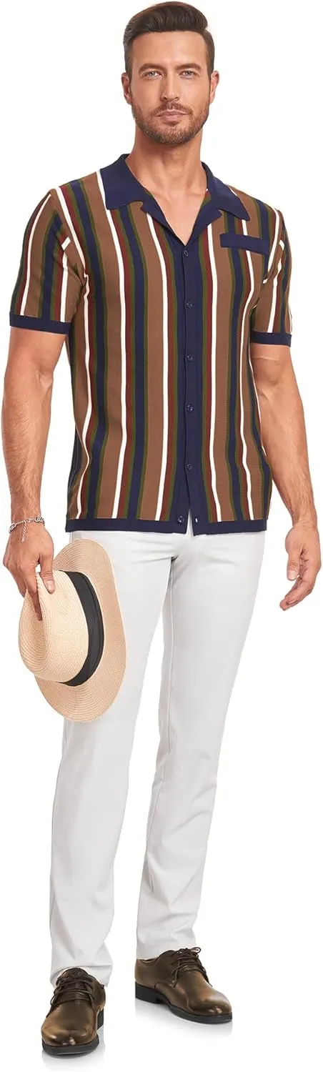 V VALANCH Men's Long/Short Sleeve Knitted Shirts Button Down Vintage Vercital Stripe Camp Collar Polo Shirt