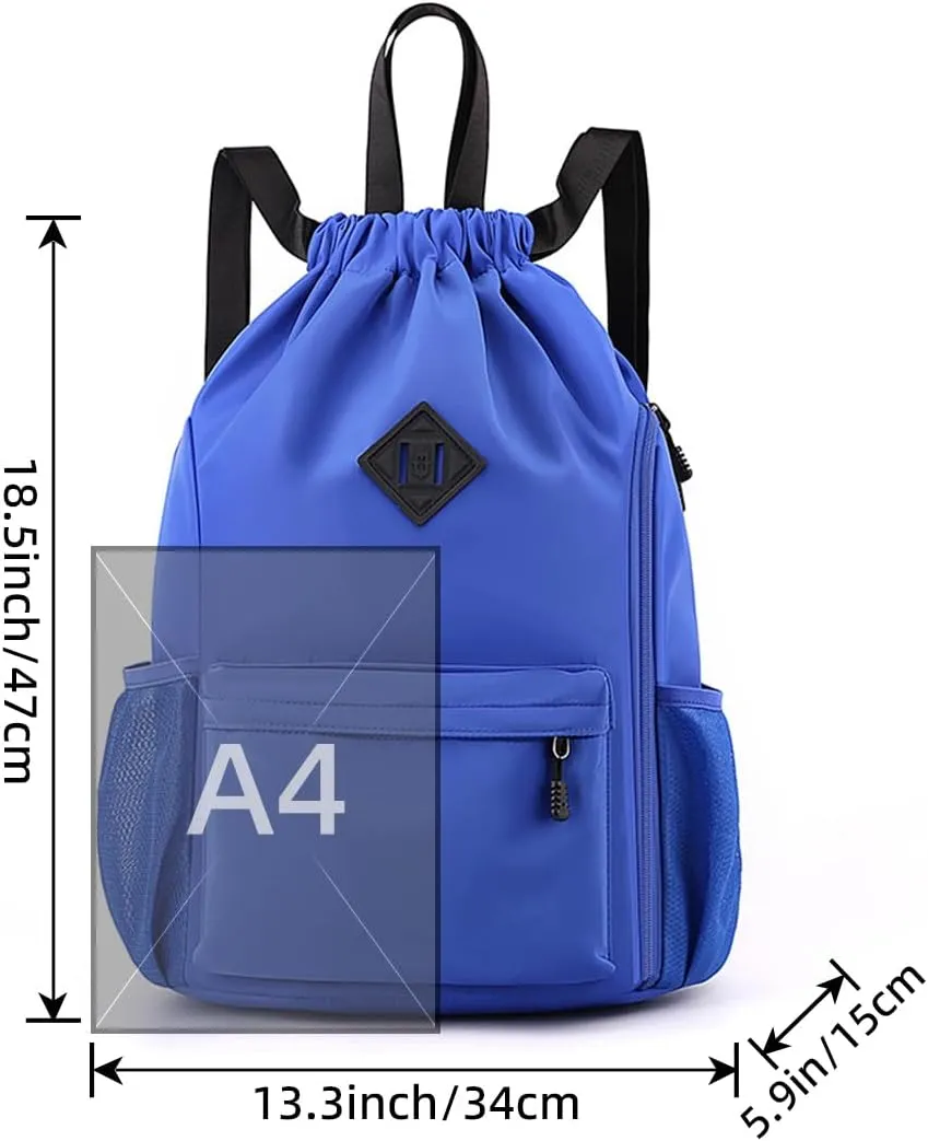 Valleycomfy Waterproof Drawstring Gym Backpack Bag for Men & Women,Sports Gym Bag with Side Pocket Blue