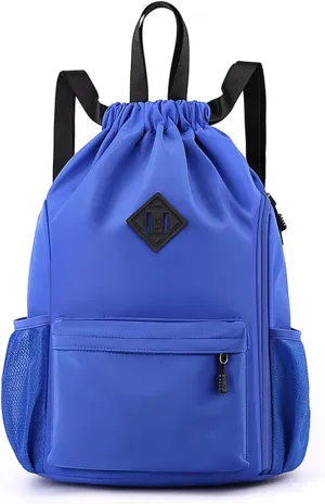 Valleycomfy Waterproof Drawstring Gym Backpack Bag for Men & Women,Sports Gym Bag with Side Pocket Blue