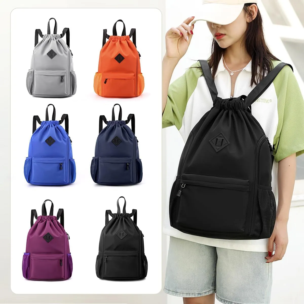 Valleycomfy Waterproof Drawstring Gym Backpack Bag for Men & Women,Sports Gym Bag with Side Pocket Blue