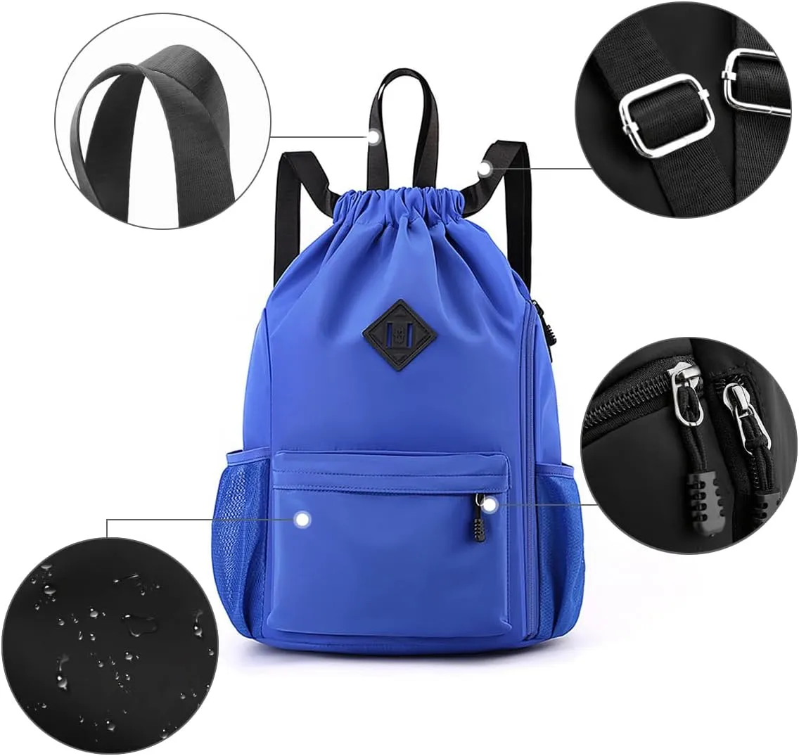 Valleycomfy Waterproof Drawstring Gym Backpack Bag for Men & Women,Sports Gym Bag with Side Pocket Blue