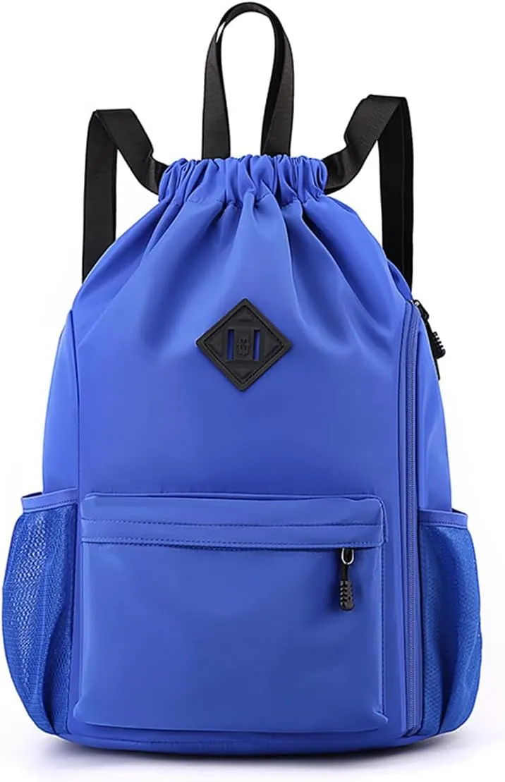 Valleycomfy Waterproof Drawstring Gym Backpack Bag for Men & Women,Sports Gym Bag with Side Pocket Blue