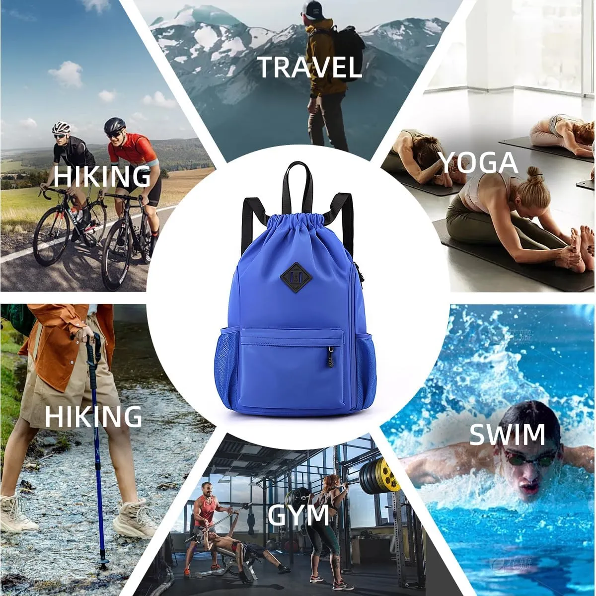 Valleycomfy Waterproof Drawstring Gym Backpack Bag for Men & Women,Sports Gym Bag with Side Pocket Blue