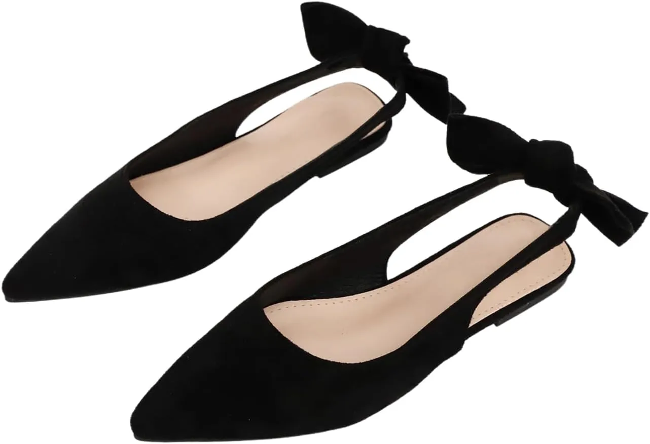 Verdusa Women's Bow Pointed Toe Mule Shoes PU Leather Slingback Low Heels Slip on Flats