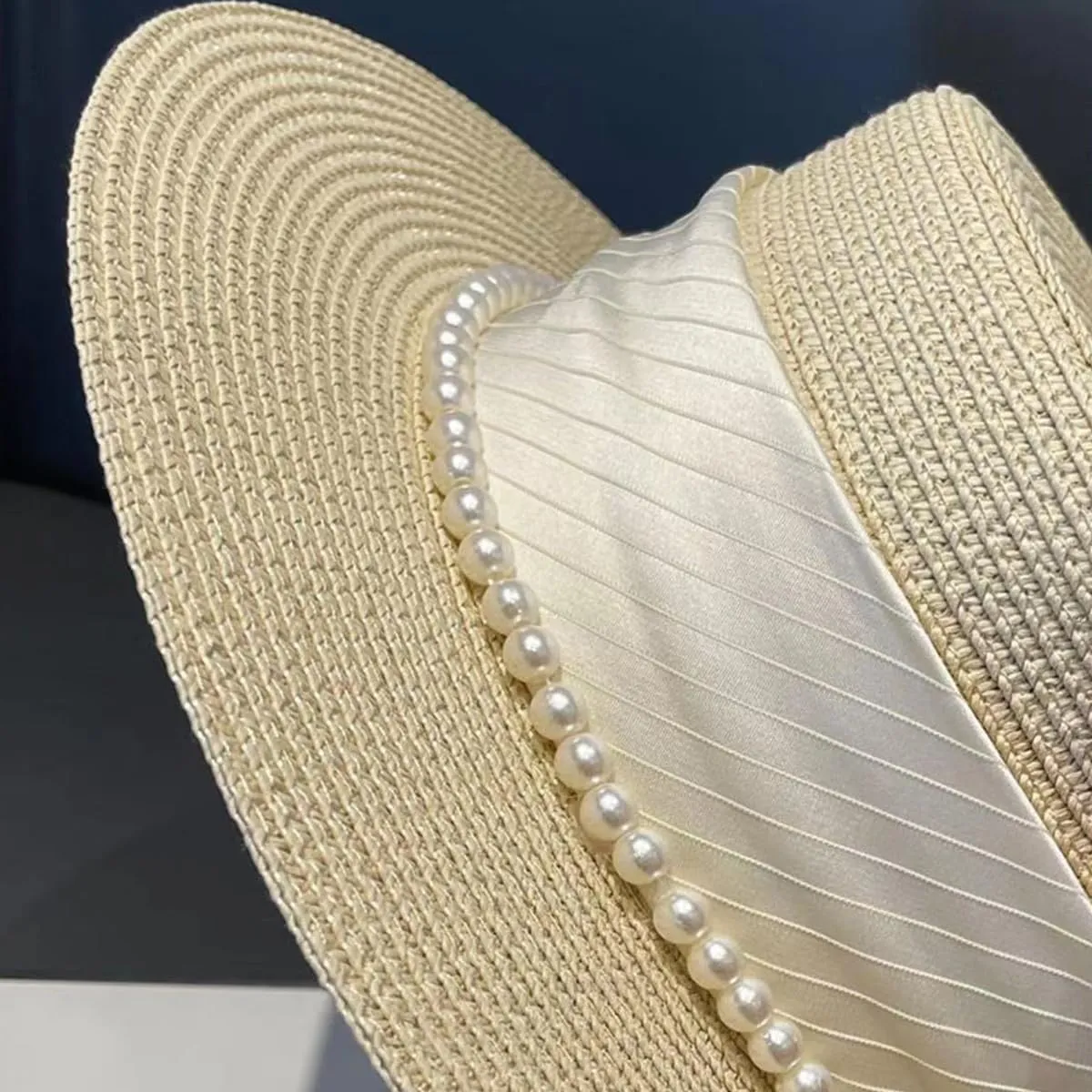 Vintage Flat Top Hat with Beads Wide Brim Boater Straw Hat for Women Summer Beach Sun Protection Hat