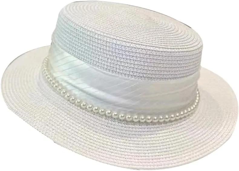 Vintage Flat Top Hat with Beads Wide Brim Boater Straw Hat for Women Summer Beach Sun Protection Hat