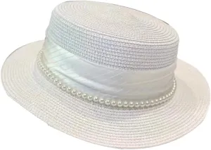 Vintage Flat Top Hat with Beads Wide Brim Boater Straw Hat for Women Summer Beach Sun Protection Hat