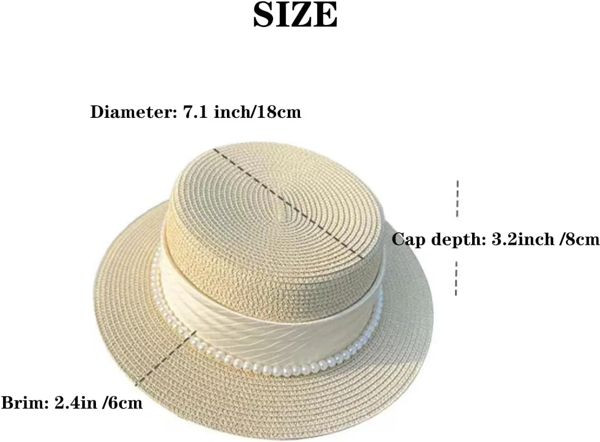 Vintage Flat Top Hat with Beads Wide Brim Boater Straw Hat for Women Summer Beach Sun Protection Hat