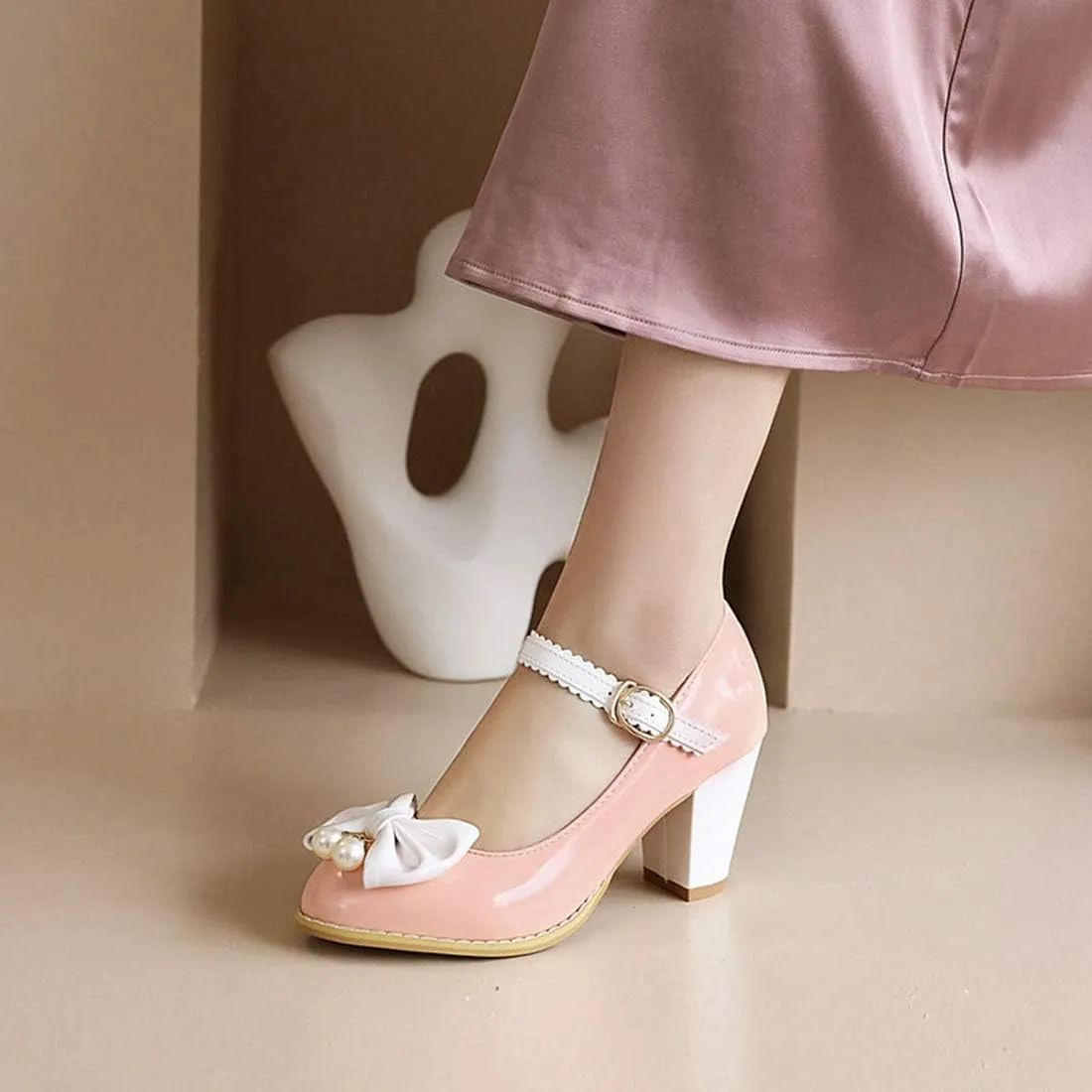VOKLIN Women's Girls Lolita Sweet Bow Mary Jane Pumps Ankle Strap Platform Block High Heel Oxford Dress Shoes